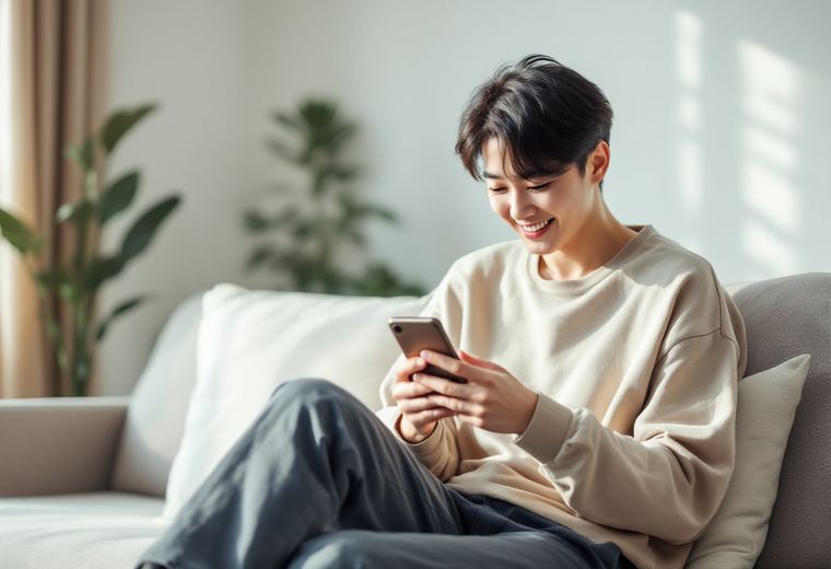 집 소파에 앉아 휴대폰으로 신청하는 모습
